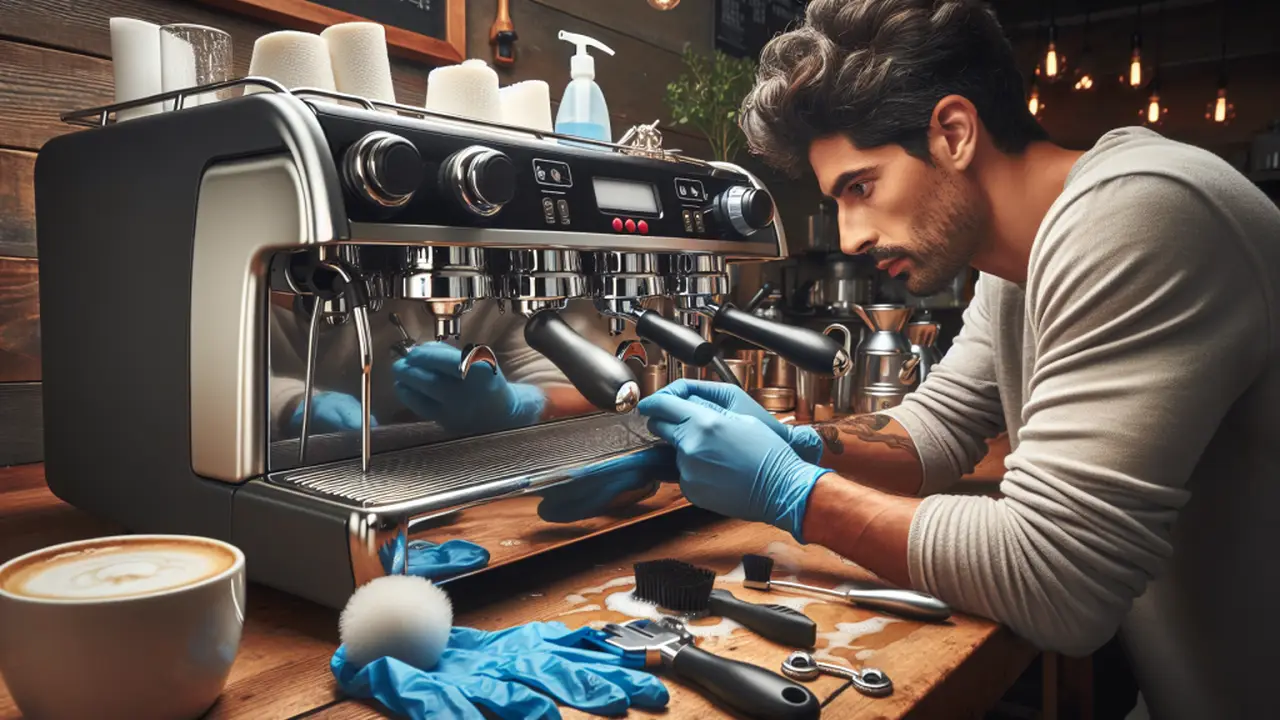 Close up on a plate of mashed potatoes, topped with baked pork chops with cream of mushroom soup, and a side of green beans.