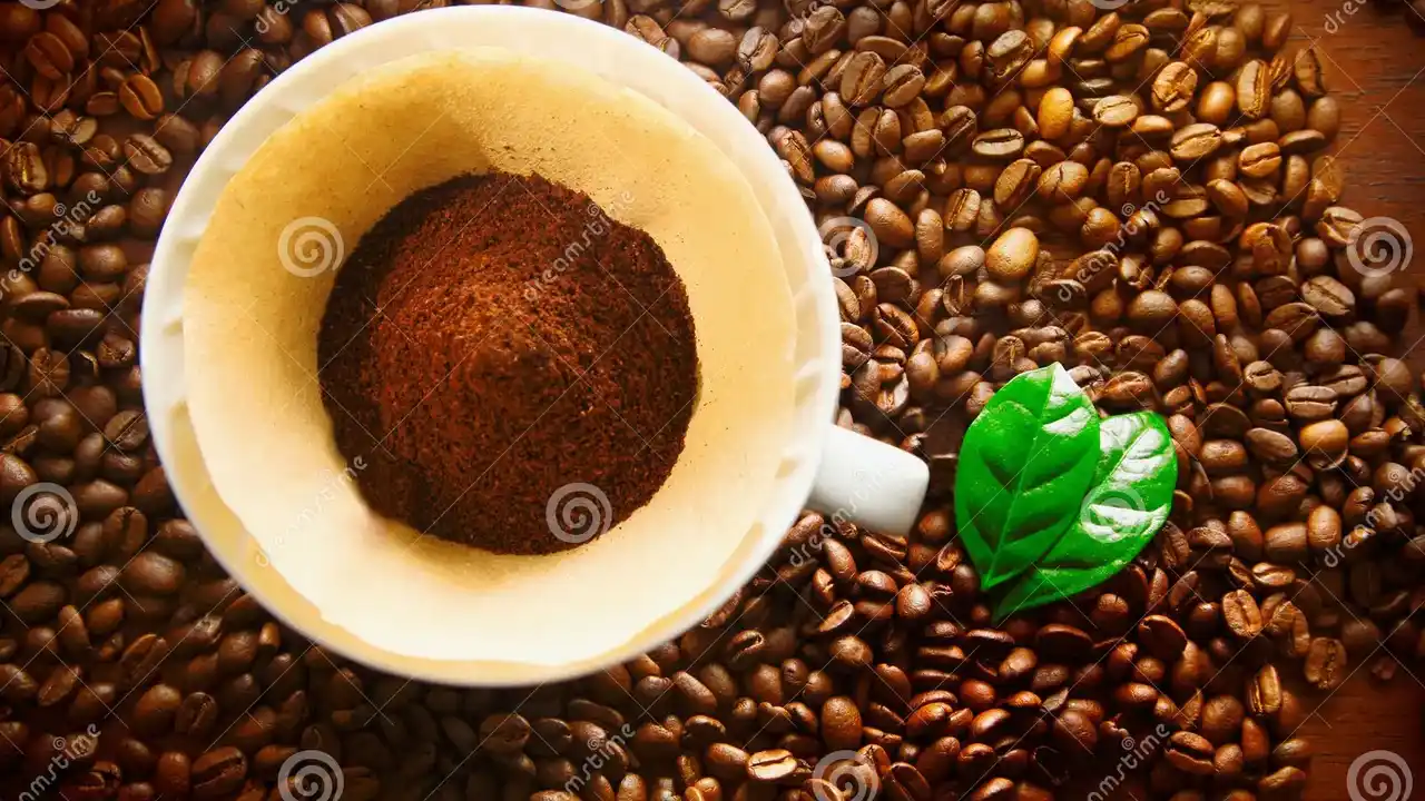 Close up on a plate of mashed potatoes, topped with baked pork chops with cream of mushroom soup, and a side of green beans.